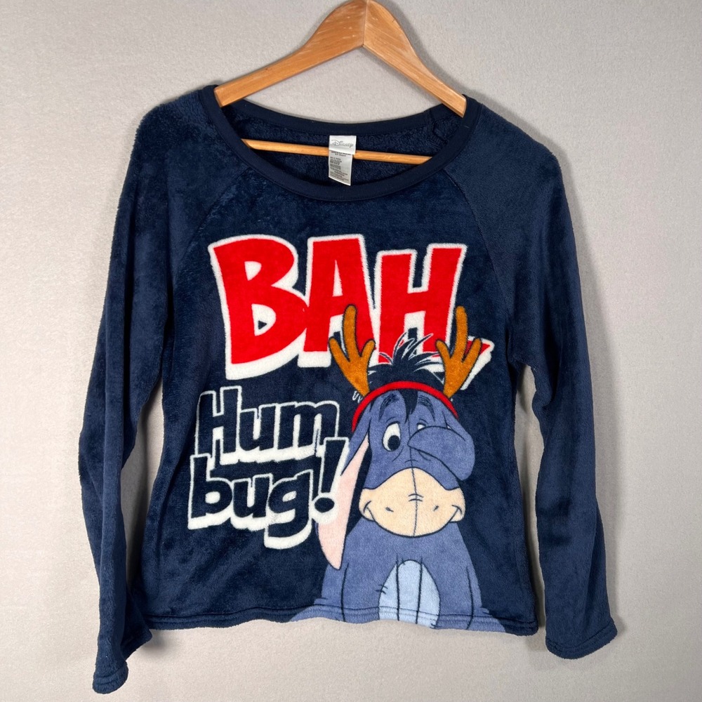 Disney Eeyore Bah Humbug Fleece Pajama Top Blue Cozy Holiday Sleep Shirt Medium‎